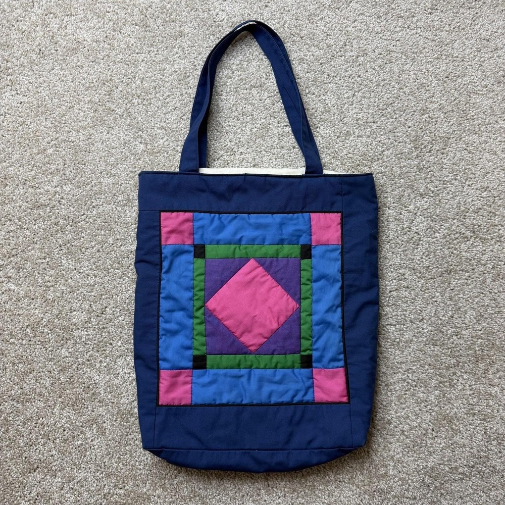 Vintage 90s Rachel Lapp Tote Bag Womens Large Blue Patchwork Quilted Cotton